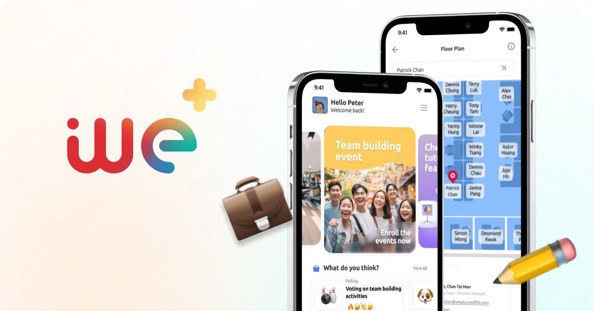 A mobile phone showcasing the We+ app, featuring staff services and tools. The background includes colorful graphics and icons.