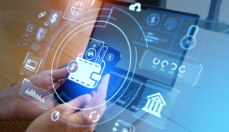 Holding a digital wallet with security icons in the background, symbolizing financial institution security compliance