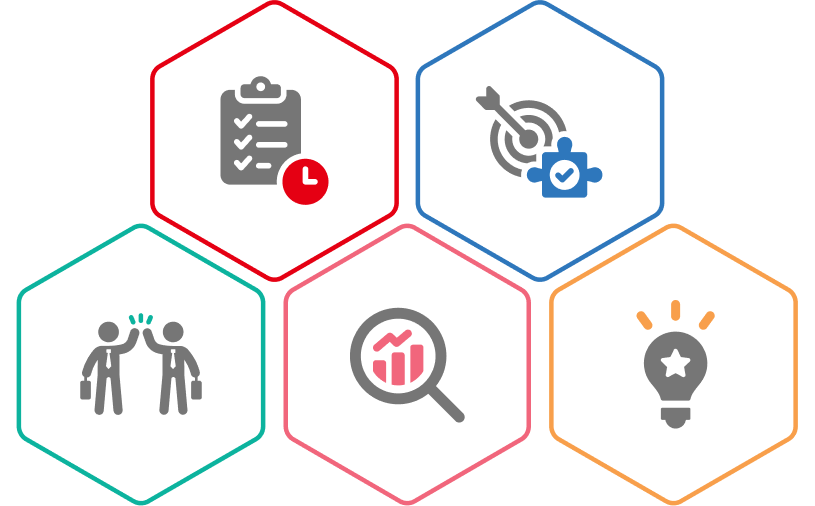 A collection of five icons: 1) Two people talking to each other, symbolizing communication and collaboration; 2) A checklist with a clock, representing task management and time efficiency; 3) A target with an arrow hitting the bullseye, indicating goal achievement and focus; 4) A magnifying glass over a chart, signifying analysis and data investigation; 5) A light bulb with rays, symbolizing ideas, innovation, and creativity.