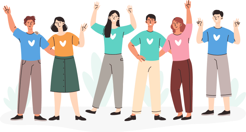 A group of diverse individuals celebrating with raised arms, expressing joy and unity.