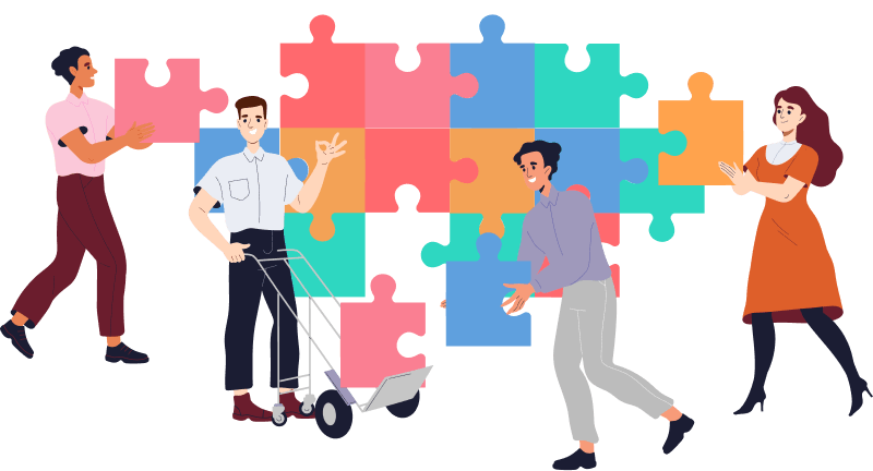 A group of people collaboratively assembling a colorful puzzle, symbolizing teamwork and problem-solving.