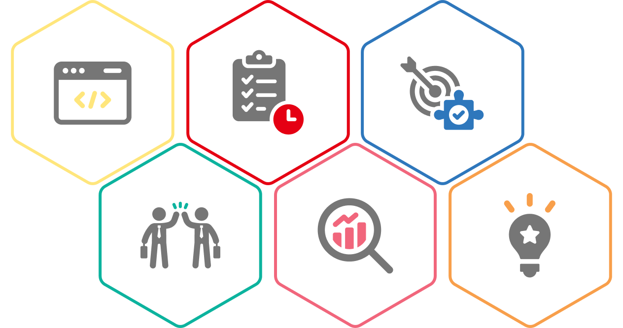 A collection of six icons:1)A task window representing coding 2) Two people talking to each other, symbolizing communication and collaboration; 3) A checklist with a clock, representing task management and time efficiency; 4) A target with an arrow hitting the bullseye, indicating goal achievement and focus; 5) A magnifying glass over a chart, signifying analysis and data investigation; 6) A light bulb with rays, symbolizing ideas, innovation, and creativity.​