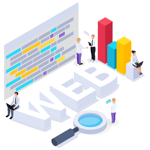 A computer displaying data analysis with charts and people discussing strategies, symbolizing web analytics.​