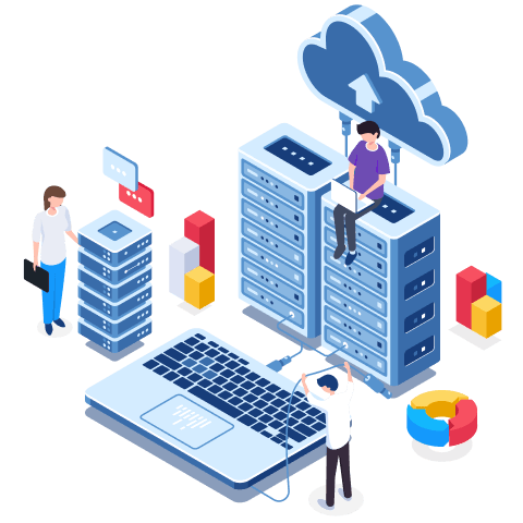 A person sitting on top of a cloud above data servers, with individuals around a laptop and colorful data charts, symbolizing cloud computing and data management..​