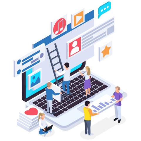 A group of people working together on a laptop, with icons representing social media and communication tools around them.